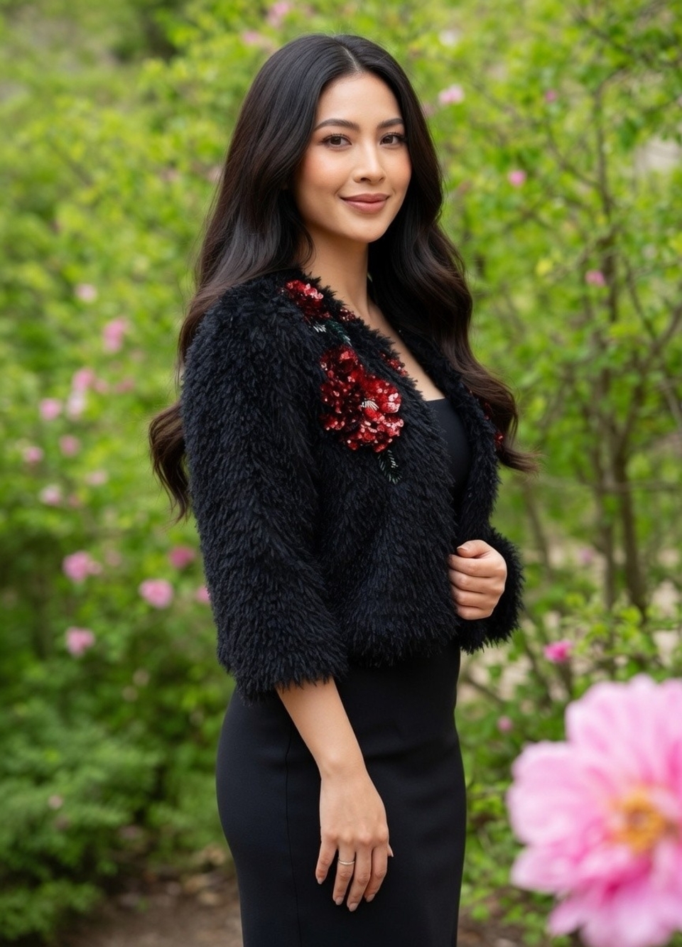 ALBERTO MAKALI Cropped Blazer S Jeweled Floral Fuzzy Jacket Black Red Green EXC